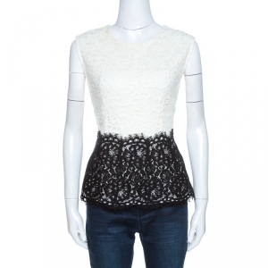 Pre Owned CH Carolina Herrera Monochrome Lace Scalloped Hem Detail Top L