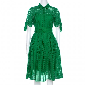 Pre Owned CH Carolina Herrera Green Eyelet Lace Tie Detail Midi Dress M