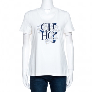 Pre Owned CH Carolina Herrera White Floral Logo Embroidered Cotton T-Shirt L