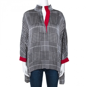 Pre Owned CH Carolina Herrera Monochrome Houndstooth Printed Satin Top S