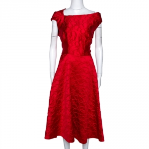 Pre Owned CH Carolina Herrera Red Floral Embossed Asymmetric Neck Flared Dress L