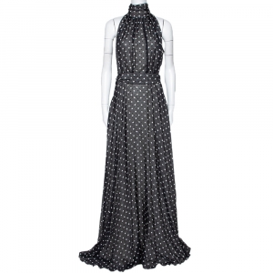 Pre Owned CH Carolina Herrera Monochrome Polka Dot Silk Belted Maxi Dress L