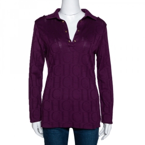 Pre Owned CH Carolina Herrera Purple Logo Patterned Cotton Polo T-Shirt L