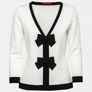 Pre Owned CH Carolina Herrera White Patterned Knit Contrast Trimmed Cardigan M