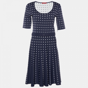 Pre Owned CH Carolina Herrera Navy Blue Polka Dot Jacquard Knit Midi Dress S