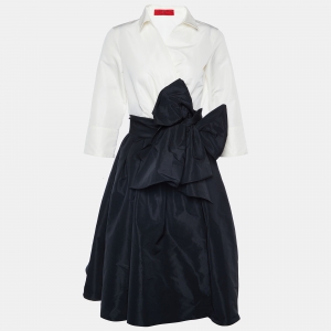 Pre Owned CH Carolina Herrera Monochrome Taffeta Flared Wrap Dress S 