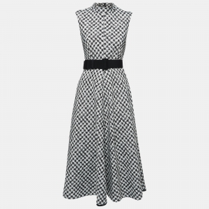 Pre Owned CH Carolina Herrera Black Houndstooth Jacquard High Neck Midi Dress S
