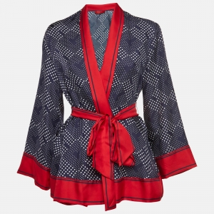 Pre Owned CH Carolina Herrera Navy Blue Dots Print Belted Wrap Tunic M