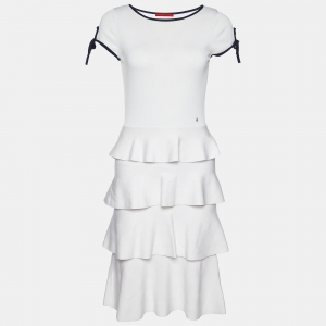 Pre Owned CH Carolina Herrera White Knit Tiered Midi Dress S