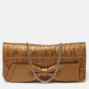 CH Carolina Herrera Gold Monogram Embossed Leather Bow Chain Clutch