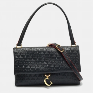 CH Carolina Herrera Black Embossed Leather Medium Camelot Shoulder Bag