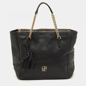 Pre Owned CH Carolina Herrera Tassel Top Zip Black Pebbled Leather Tote