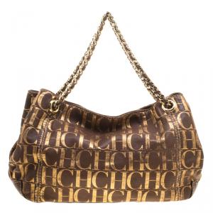 Pre Owned Carolina Herrera Brown Monogram Leather Chain Handle Tote