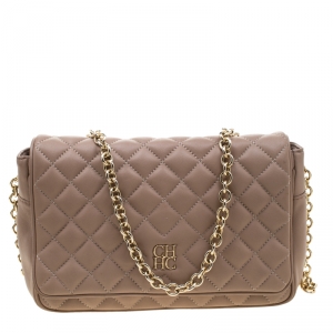 Pre Owned CH Carolina Herrera Beige Quilted Leather Shoulder Bag