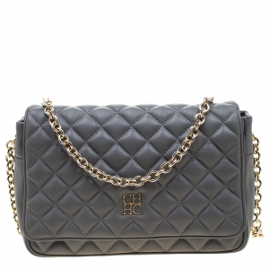 Pre Owned Carolina Herrera Grey Quilted Leather Flap Shoulder Bag