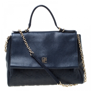 Pre Owned Carolina Herrera Navy Blue Leather Minuetto Flap Top Handle Bag