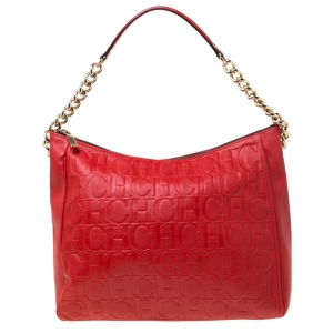 Pre Owned CH Carolina Herrera Red Monogram Leather Shoulder Bag