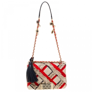 Pre Owned Carolina Herrera Beige/Red Tweed and Fabric Embellished Shoulder Bag