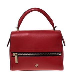 Pre Owned Carolina Herrera Red Leather Front Zip Top Handle Bag