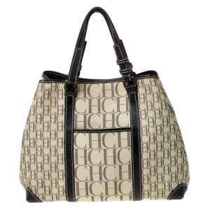 Pre Owned Carolina Herrera Beige/Brown Monogram Canvas and Leather Tote 