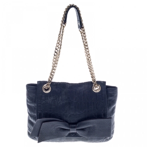 Pre Owned Carolina Herrera Navy Blue Monogram Leather Audrey Shoulder Bag