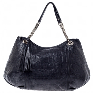Pre Owned Carolina Herrera Black Monogram Leather Chain Hobo