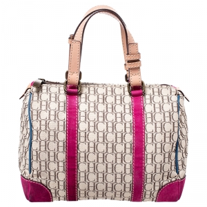 Carolina Herrera Beige/Pink Monogram Canvas/Suede and Leather Andy Boston Bag           