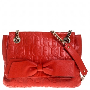 Pre Owned Carolina Herrera Orange Monogram Leather Audrey Shoulder Bag