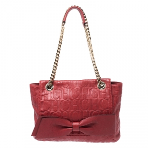 Pre Owned CH Carolina Herrera Red Monogram Leather Audrey Shoulder Bag 