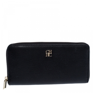 Pre Owned Carolina Herrera Black Leather Zip Around Wallet