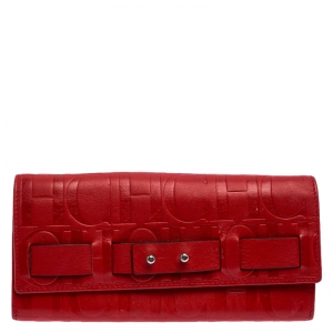 Pre Owned Carolina Herrera Red Monogram Embossed Leather Flap Continental Wallet