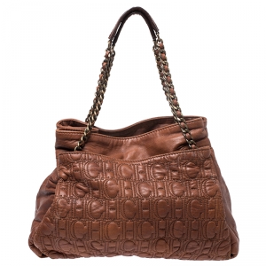 Pre Owned CH Carolina Herrera Brown Monogram Leather Tote