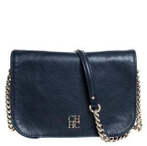 Pre Owned Carolina Herrera Navy Blue Leather Flap Shoulder Bag