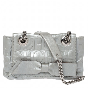 Pre Owned Carolina Herrera Metallic Silver Monogram Leather Audrey Shoulder Bag