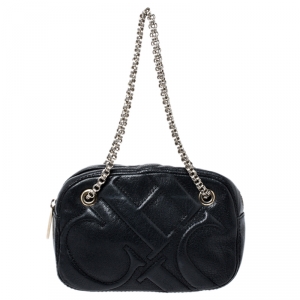 Pre Owned Carolina Herrera Black Leather Embossed Logo Camera Bag