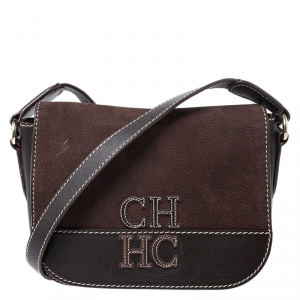 Pre Owned Carolina Herrera Brown Suede and Leather Flap Crossbody Bag