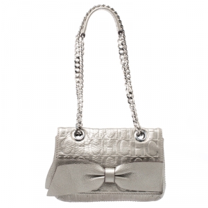 Pre Owned Carolina Herrera Metallic Silver Monogram Leather Audrey Shoulder Bag