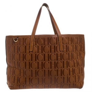 Pre Owned Carolina Herrera Brown Monogram Leather Shopper Tote
