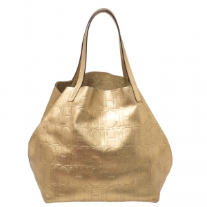 Pre Owned Carolina Herrera Metallic Gold Monogram Leather Matryoshka Tote