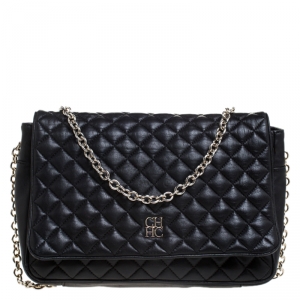 Pre Owned Carolina Herrera Black Quilted Leather Flap Chain Shoulder Bag