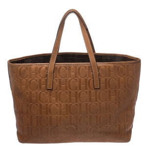 Pre Owned Carolina Herrera Brown Monogram Leather Shopper Tote