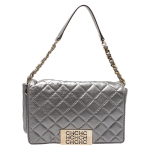 Pre Owned CH Carolina Herrera Silver Quilted Leather Flap Bag