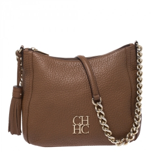 Pre Owned Carolina Herrera Dark Brown Leather Chain Tassel Shoulder Bag