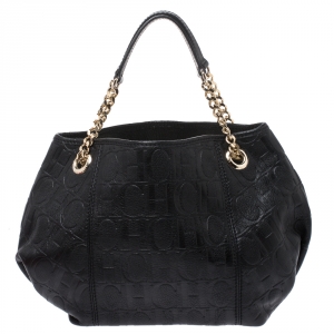 Pre Owned Carolina Herrera Black Monogram Leather Poppy Tote