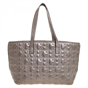 Pre Owned Carolina Herrera Metallic Silver Monogram Leather Shopper Tote