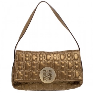 Pre Owned Carolina Herrera Gold Leather Flap Shoulder Bag