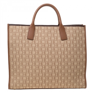 Pre Owned Carolina Herrera Beige/Brown Monogram Canvas and Leather Tote