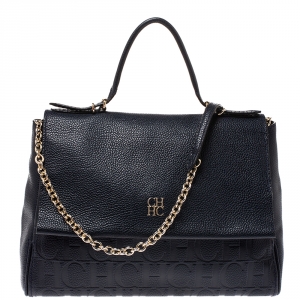 Pre Owned Carolina Herrera Navy Blue Leather Minuetto Flap Top Handle Bag