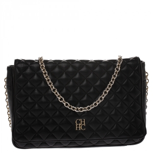 Pre Owned Carolina Herrera Black Quilted Leather Flap Chain Shoulder Bag