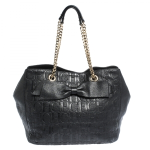 Pre Owned Carolina Herrera Black Monogram Leather Audrey Tote